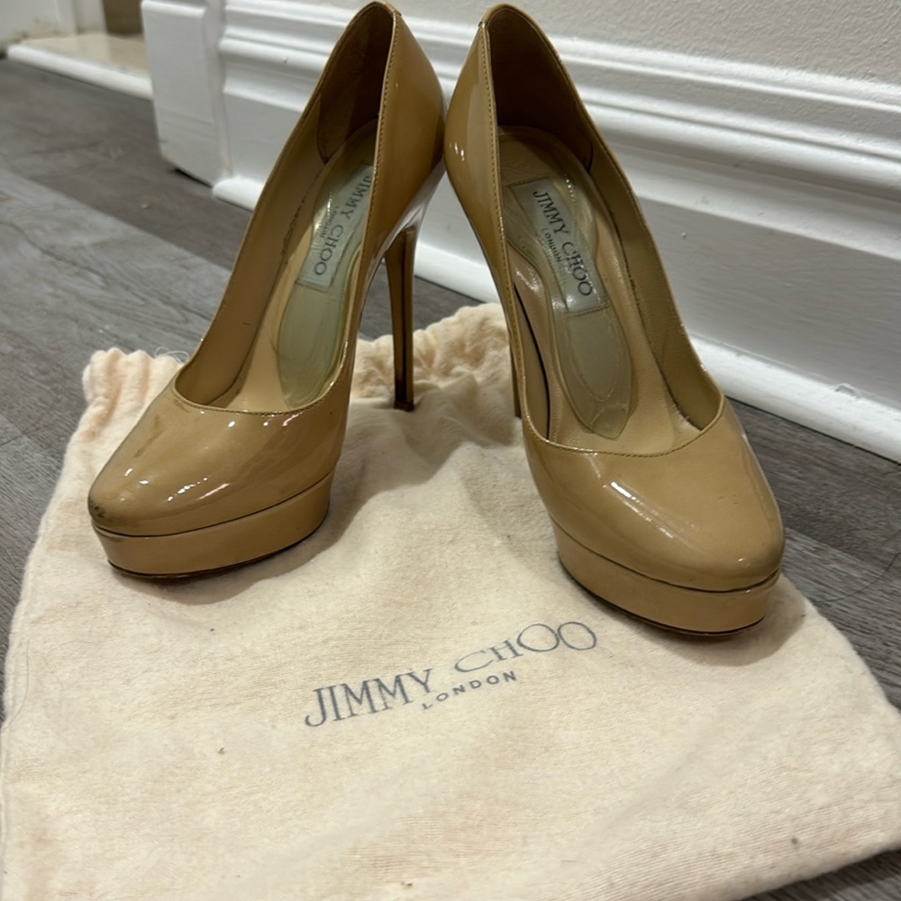 Jimmy Choo beige patent heels with dust bag